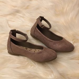 Taupe Ankle Strap Studded Flats by Self Esteem Sz7